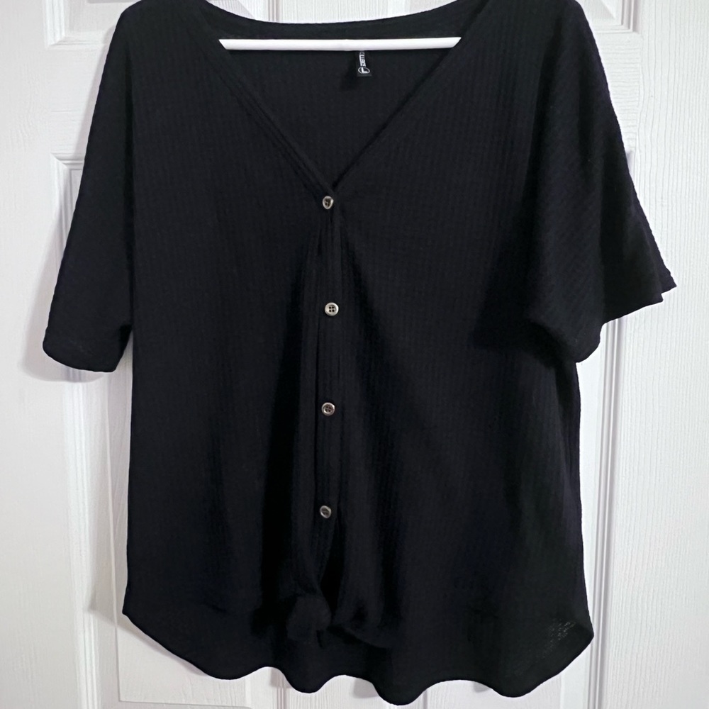 IWOLLENCE Women's Waffle Knit Tunic Blouse Tie Knot Short Sleeve Henley Top